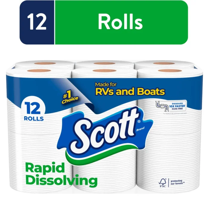 Rapid-Dissolving Toilet Paper for RVs & Boats 12 Double Rolls Free of Perfumes or Scents So No Need To Worry about Allergies