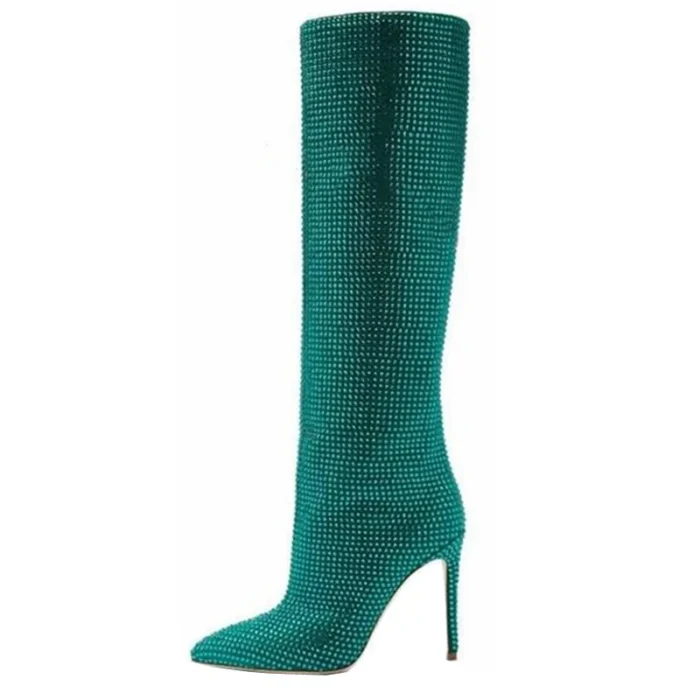 Rhinestone Knee-High Boots for Women - Pointed Toe Slip-On Winter Botines, High Heels Zapatos De Mujer