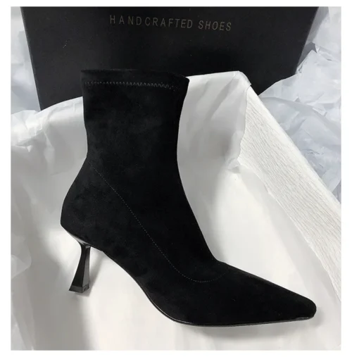 Women's Plus Size Stretch Boots - Casual Pointed Toe, Flock Material, Elegant Non-Slip Thin Heel Work Boots - Image 6