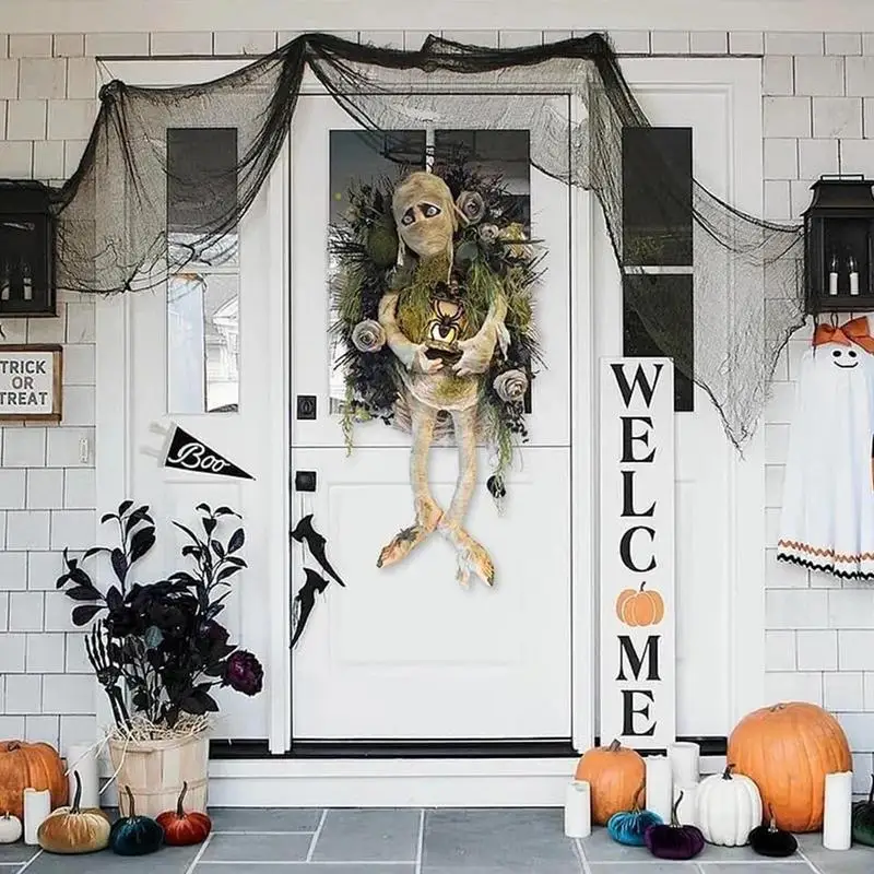 Halloween Decorations Mummy Wreath for Front Door/ Scary Mummy Welcome Wreath with Door Sign for Outdoor Porch Decoration