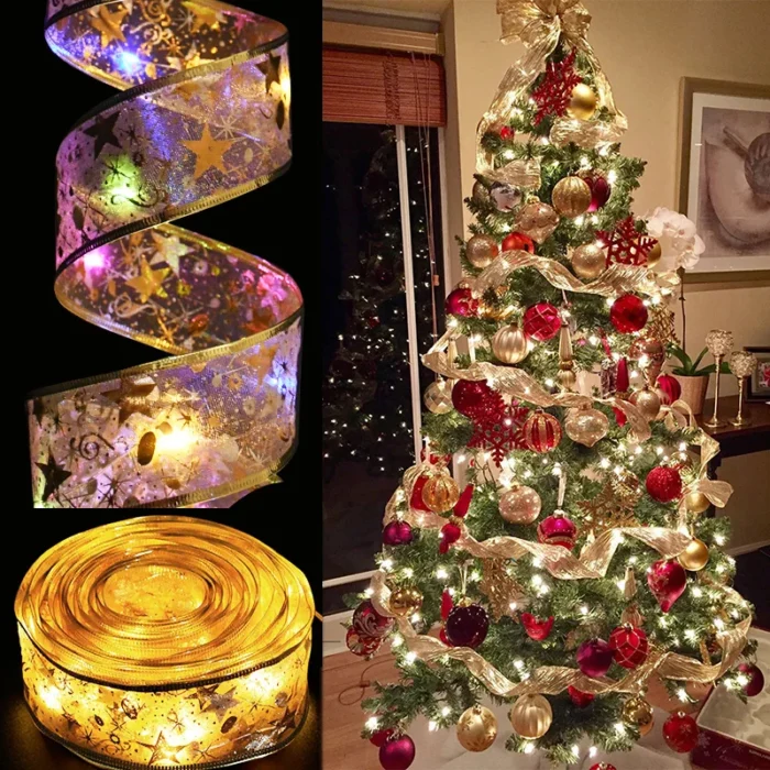 Christmas LED Ribbon Lights – DIY Lace Bows String Lights for Tree Ornaments, Home Decoration, & New Year