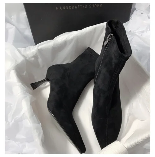 Women's Plus Size Stretch Boots - Casual Pointed Toe, Flock Material, Elegant Non-Slip Thin Heel Work Boots