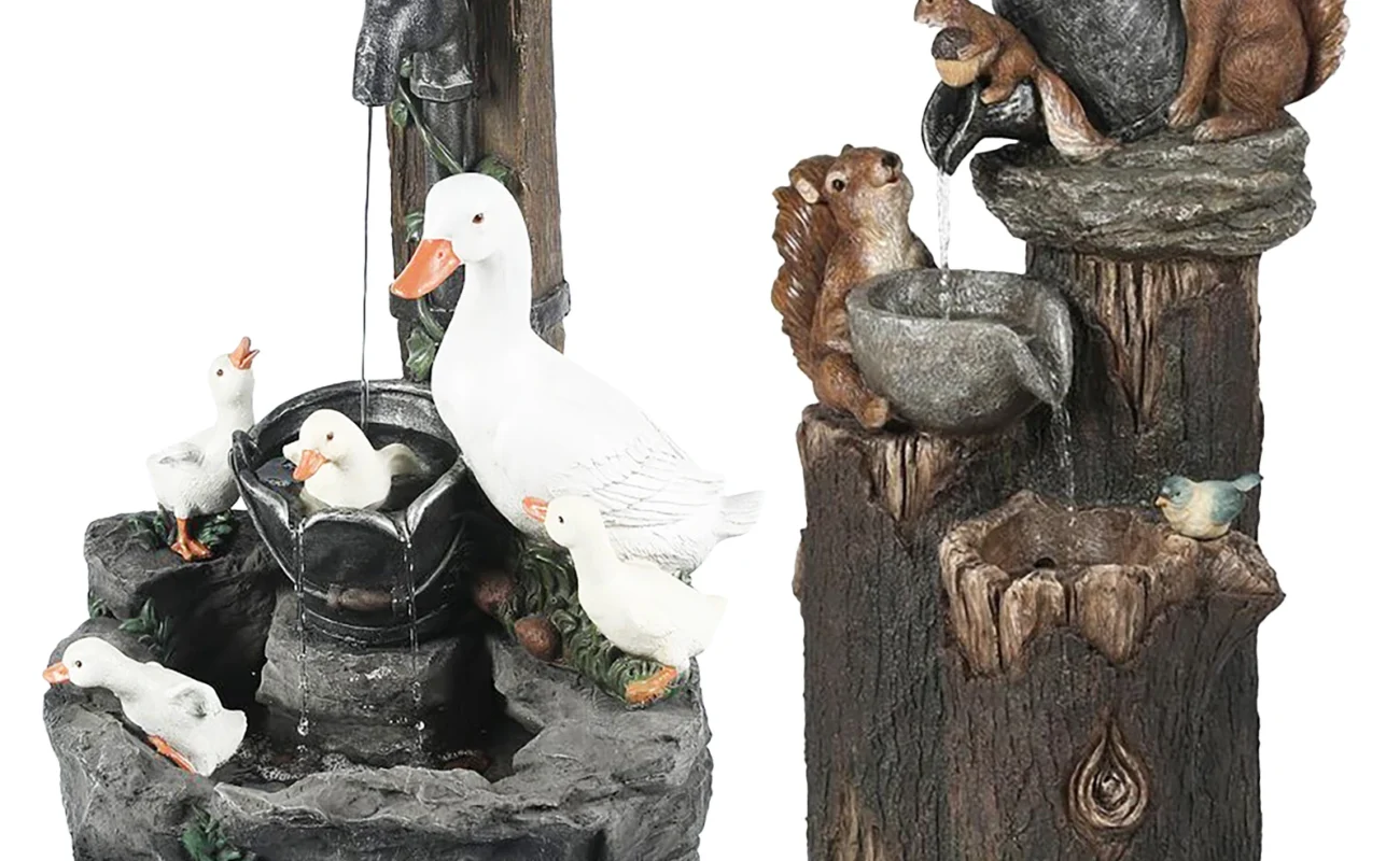 Animal Statue Solar Water Fountain - Squirrel and Duck Resin Sculptures with LED Lights for Outdoor Garden and Yard Decor