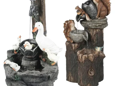 Animal Statue Solar Water Fountain - Squirrel and Duck Resin Sculptures with LED Lights for Outdoor Garden and Yard Decor