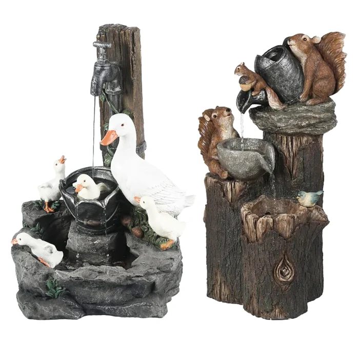 Animal Statue Solar Water Fountain - Squirrel and Duck Resin Sculptures with LED Lights for Outdoor Garden and Yard Decor