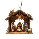 Christmas Pendant Ornament – Jesus Family Prayer Scene, Bright Colored Religious Symbol Pendant for Home & Car