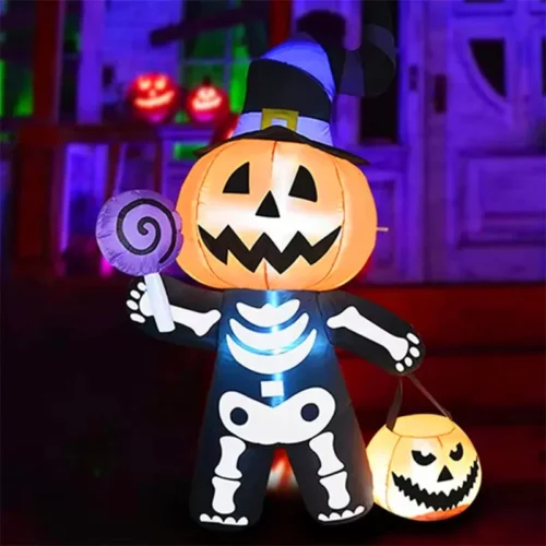 6FT Halloween Inflatable Giant Pumpkin with Skull and Ghost - Image 2