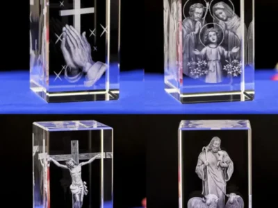 3D K9 Crystal Cube – Christian Jesus Cross & Virgin Mary Figurine, Laser Engraved Home Decor & Religious Gifts for Women