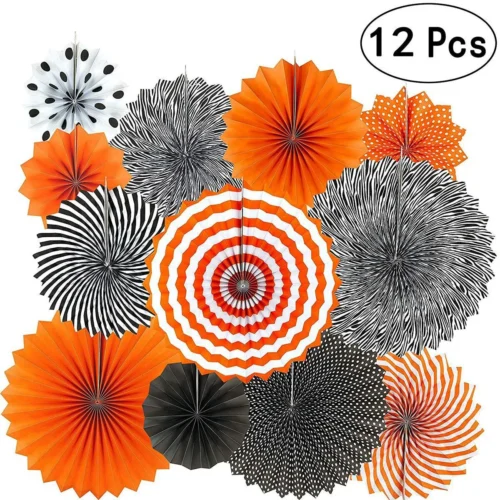 Black and Orange Hanging Paper Fans – Party Decorations