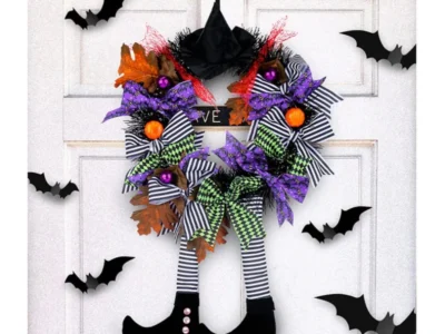 Halloween Signs Wreath with Wicked Witch Legs Pendant – Outdoor Garland with Fake Plants for Front Door Ornament