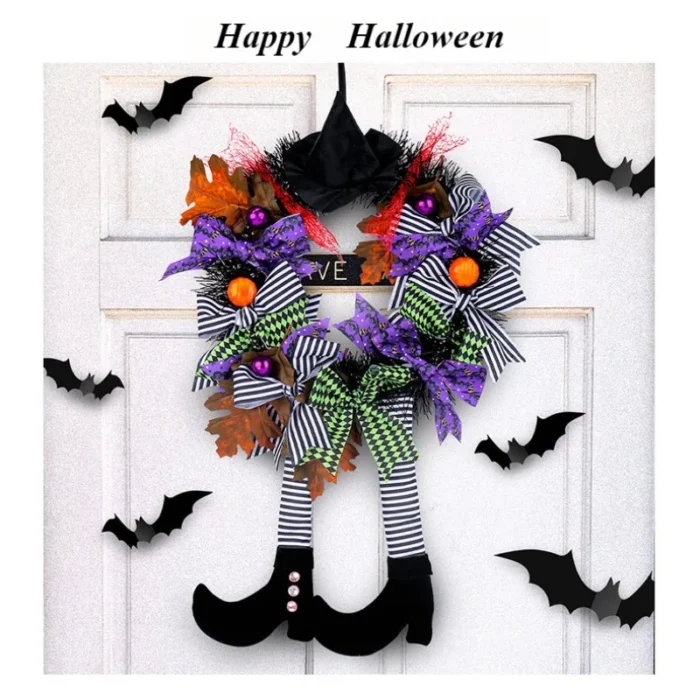 Halloween Signs Wreath with Wicked Witch Legs Pendant – Outdoor Garland with Fake Plants for Front Door Ornament