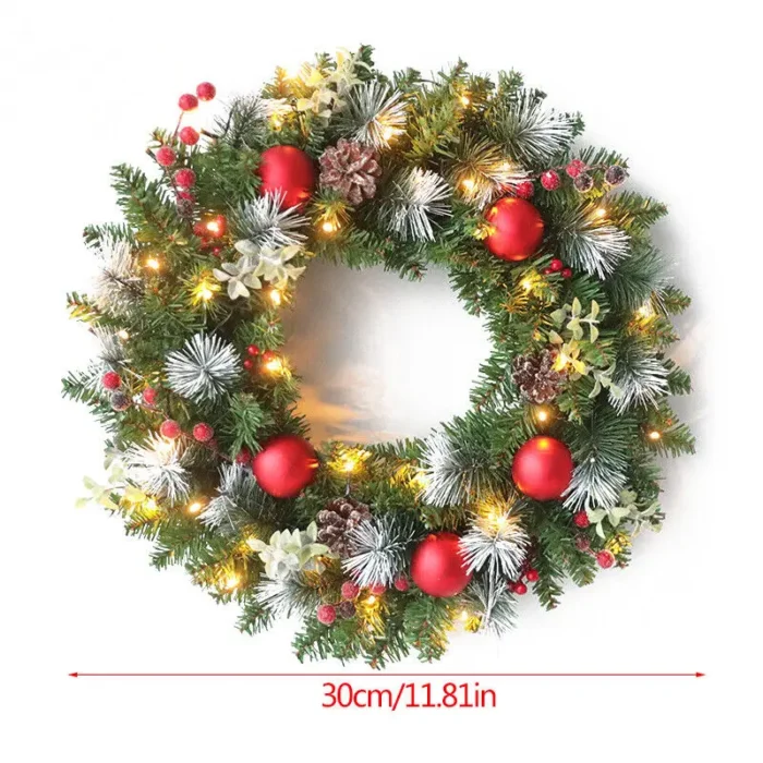 30cm LED Christmas Wreath Artificial Pinecone Red Berry Garland Christmas Hanging Ornaments Front Door Wall Decorations