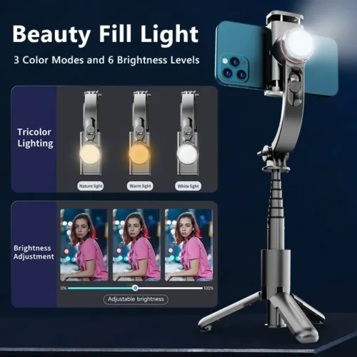 KEELEAD Selfie Stick Gimbal, Extendable Tripod with Fill Light, Bluetooth Remote, Face Recognition