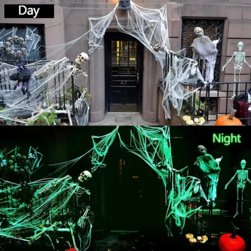 Glow-in-the-Dark Spider Webs with Fake Spiders – White Stretch Cobwebs for Halloween - Image 2