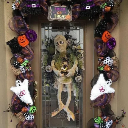 Halloween Decorations Mummy Wreath for Front Door/ Scary Mummy Welcome Wreath with Door Sign for Outdoor Porch Decoration