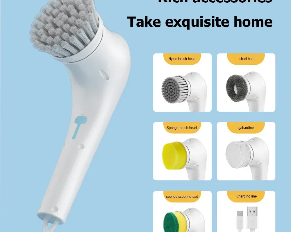 Rechargeable Electric Cleaning Brush – Handheld Scrubber with 5 Brush Heads, Ideal for Kitchen Sinks, Bathroom Tiles, and More