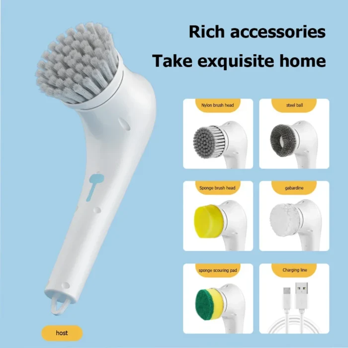 Rechargeable Electric Cleaning Brush – Handheld Scrubber with 5 Brush Heads, Ideal for Kitchen Sinks, Bathroom Tiles, and More