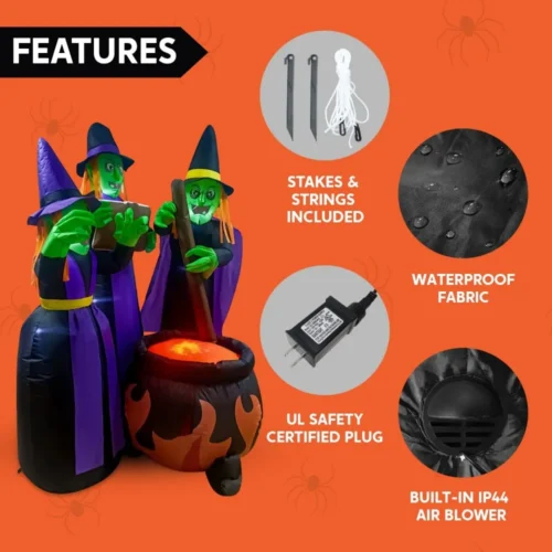 6FT Halloween Inflatable Three Witches Around Cauldron with Flame Light - Image 5