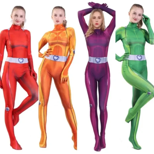 Totally Spies Cosplay Bodysuit for Adults & Kids – Clover Ewing, Samantha Simpson, and Alexandra Jumpsuits for Halloween
