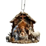 Christmas Pendant Ornament – Jesus Family Prayer Scene, Bright Colored Religious Symbol Pendant for Home & Car