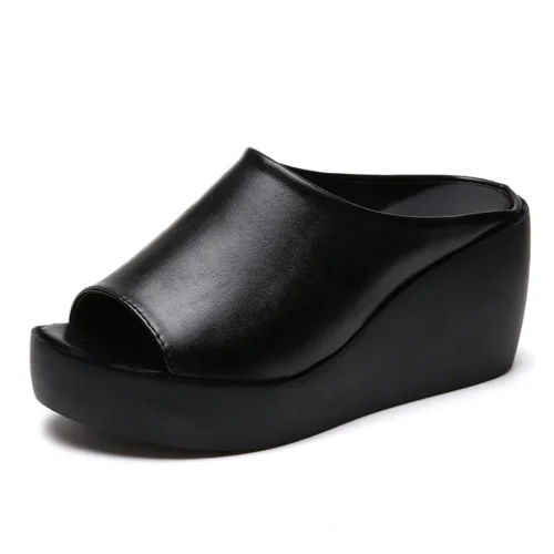Women's Leather Wedge Slippers - Slip-On Casual Beach Slides, Platform Height Increasing Chunky Shoes, Zapatos De Mujer - Image 5