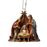 Christmas Pendant Ornament – Jesus Family Prayer Scene, Bright Colored Religious Symbol Pendant for Home & Car