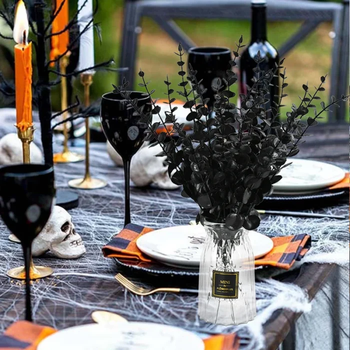 10/20Pcs Black Artificial Eucalyptus Branches – Faux Real Touch Leaves for Halloween, Centerpieces, & Home Decor