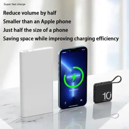 Mini Power Bank with Built-In Cord - Portable Compact 10000mAh External Battery for Fast Charging | Mobile Phone Accessories