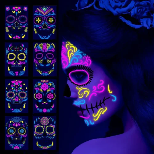 Sugar Skull Stickers – Halloween UV Glow Neon Temporary Tattoos for Day of the Dead