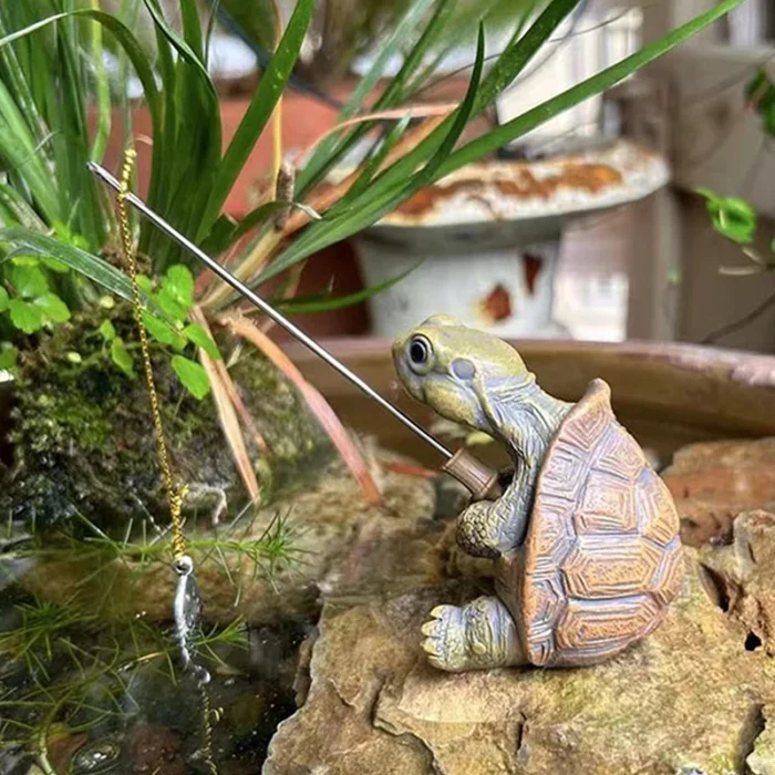 Creative Rope Fishing Turtle Statue - Cute Simulation Turtle Resin Figurine, Animal Sculpture Ornament for Outdoor Home and Garden Decor