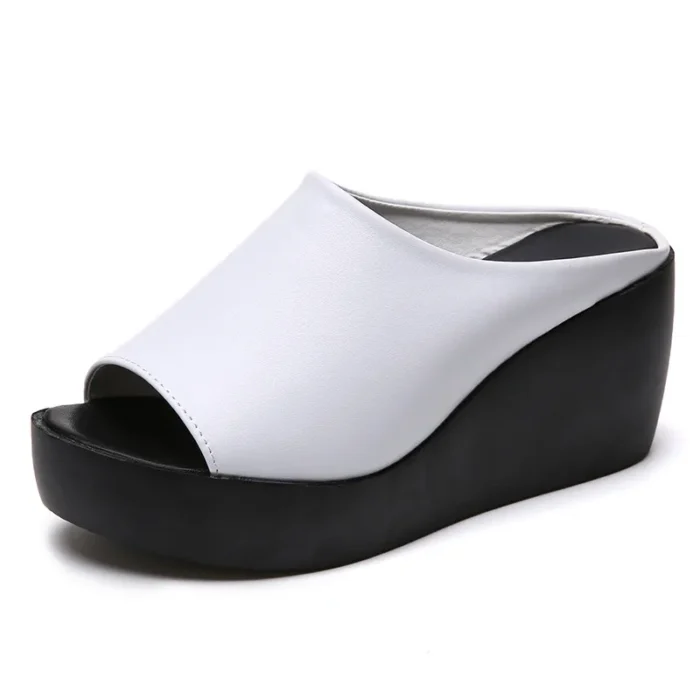 Women's Leather Wedge Slippers - Slip-On Casual Beach Slides, Platform Height Increasing Chunky Shoes, Zapatos De Mujer