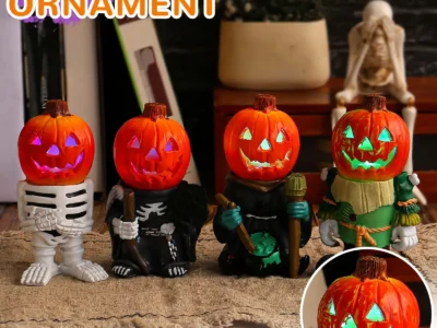 14cm Halloween LED Light Pumpkins – Glowing Knight Desktop Ornaments, Ghost Resin Garden Decoration