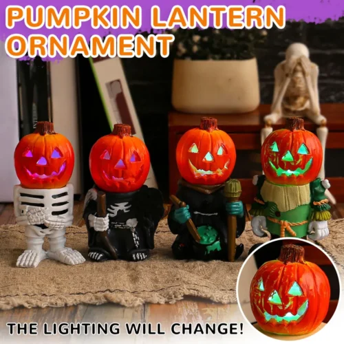 14cm Halloween LED Light Pumpkins – Glowing Knight Desktop Ornaments, Ghost Resin Garden Decoration