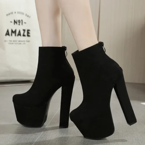 Women's 16CM Sexy Winter Black Platform Boots - Fashion Thick High Heel Ankle Boots