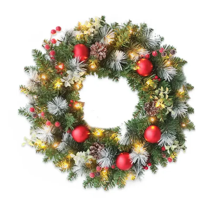 30cm LED Christmas Wreath Artificial Pinecone Red Berry Garland Christmas Hanging Ornaments Front Door Wall Decorations