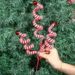 Christmas Tree Decoration - Red/White Woolen Bells Curly Pick Branch Ornaments for Home, Office, Party, Xmas Gift, & Navidad