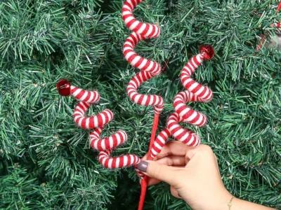 Christmas Tree Decoration - Red/White Woolen Bells Curly Pick Branch Ornaments for Home, Office, Party, Xmas Gift, & Navidad