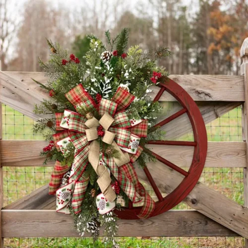 Christmas Decorative Door Hanging – Wooden Wheel Wreath with Pine and Nut Accents