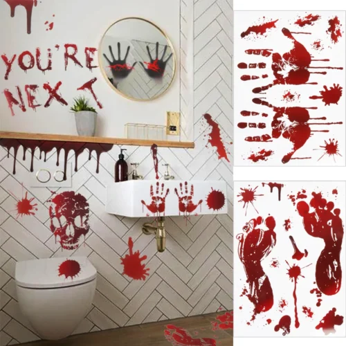 Horror Bloodstain Wall Sticker – Handprint, Footprint, and Blood Skull Window Stickers