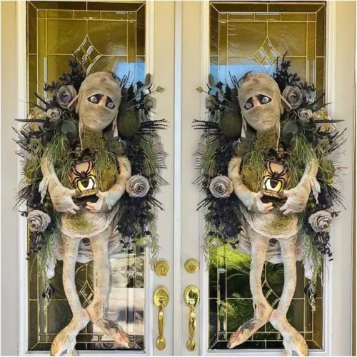 Halloween Decorations Mummy Wreath for Front Door/ Scary Mummy Welcome Wreath with Door Sign for Outdoor Porch Decoration