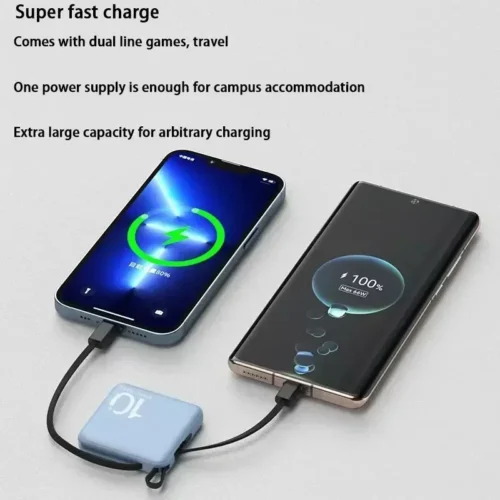 Mini Power Bank with Built-In Cord - Portable Compact 10000mAh External Battery for Fast Charging | Mobile Phone Accessories