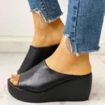 Women's Leather Wedge Slippers - Slip-On Casual Beach Slides, Platform Height Increasing Chunky Shoes, Zapatos De Mujer