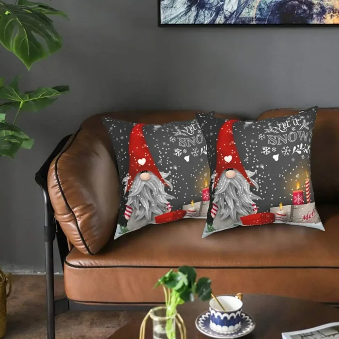 Christmas Throw Cushion Covers 18x18 Inch – Merry Christmas Gnome & Winter Snowflakes Decorative Pillow Covers, Set of 2