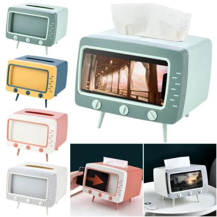 TV Tissue Storage Case with Mobile Phone Stand - Kawaii Tissue Box Dispenser | Creative Multifunctional Tissue Holder for Living Room & Night Stand Decor