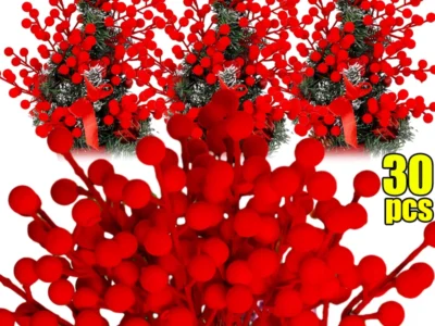 Christmas Flocking Berry Branches – Artificial Red Berries with 12 Heads for Xmas Tree Ornaments & New Year Party Decor