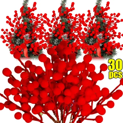 Christmas Flocking Berry Branches – Artificial Red Berries with 12 Heads for Xmas Tree Ornaments & New Year Party Decor