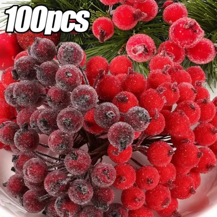 100/20Pcs Artificial Holly Berries – Mini Simulation Cherry Stamen for Wedding, Christmas, & Party Decor