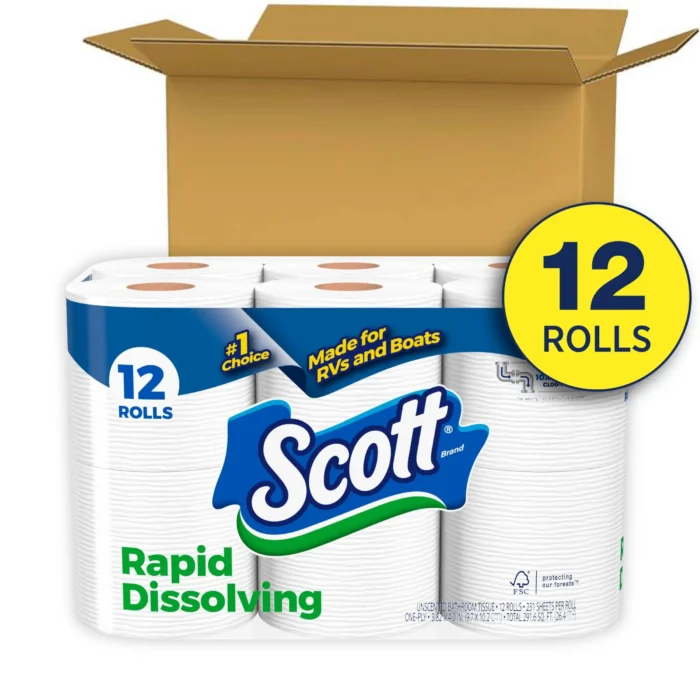 Rapid-Dissolving Toilet Paper for RVs & Boats 12 Double Rolls Free of Perfumes or Scents So No Need To Worry about Allergies