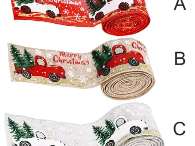 Christmas Wired Ribbons – 2m Buffalo Plaid, Vintage Truck & Trees, Wired Edge for Xmas DIY Wrapping & Floral Craft