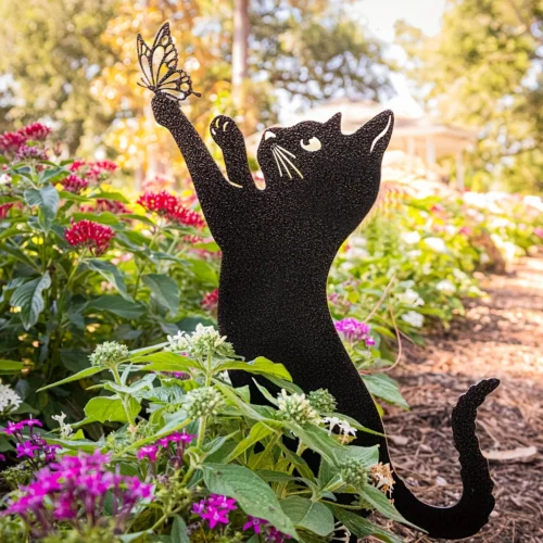 Metal Cat with Butterfly Fence Decoration | Cute Decorative Outdoor Statue for Cat Lovers’ Yard